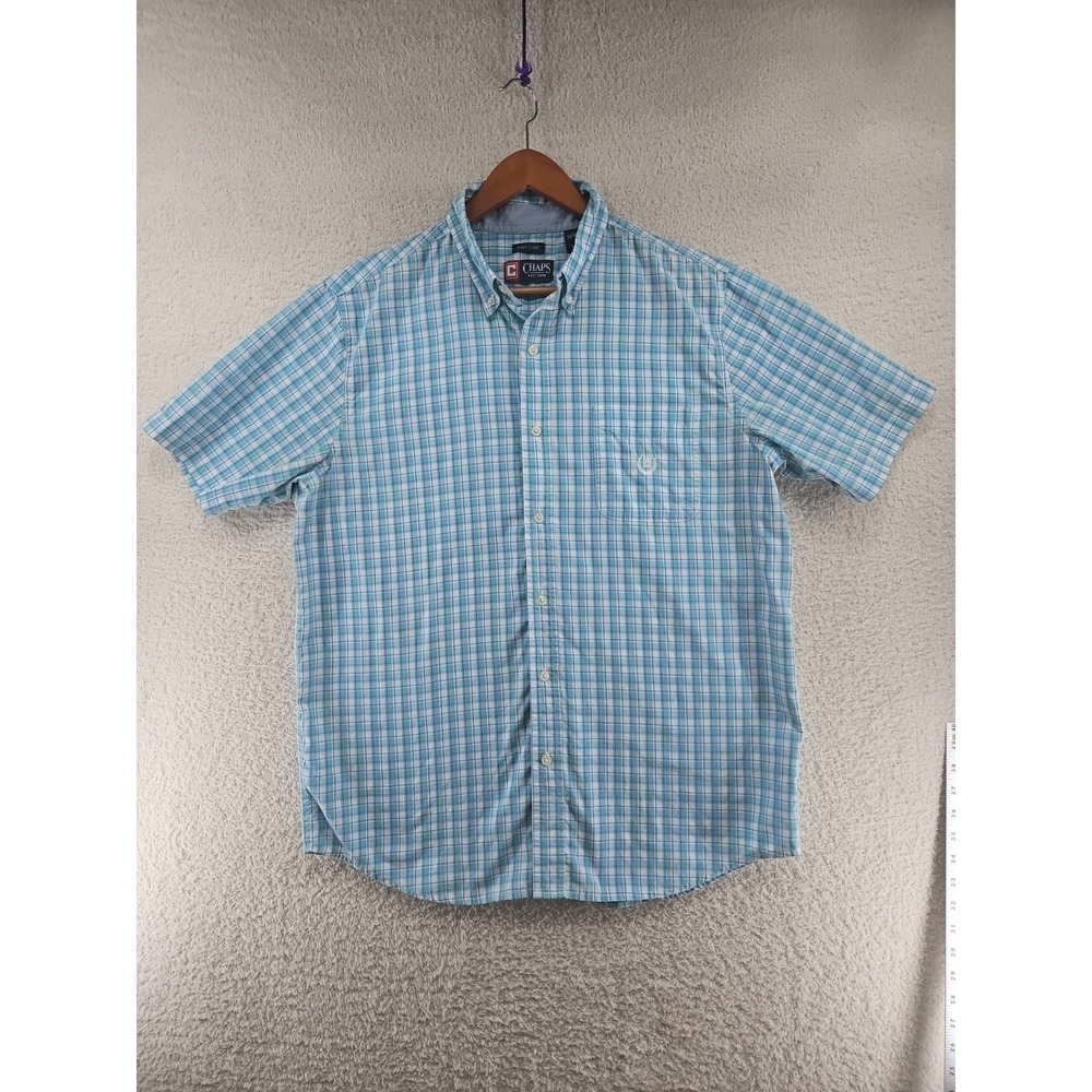 Chaps Mens L Button Up Short Sleeve Cotton Plaid